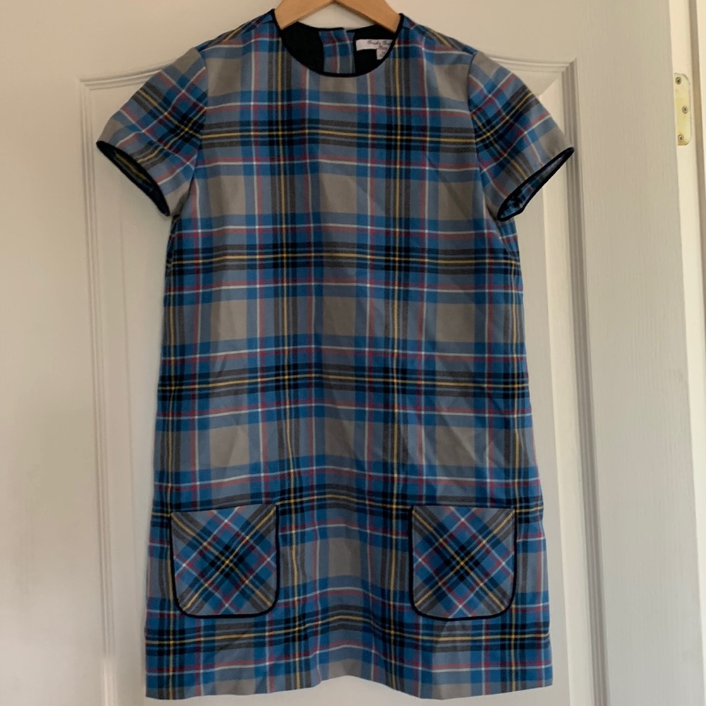Brooks Brothers Size 14 Girls Blue Plaid Dress with Black Velvet Trim.